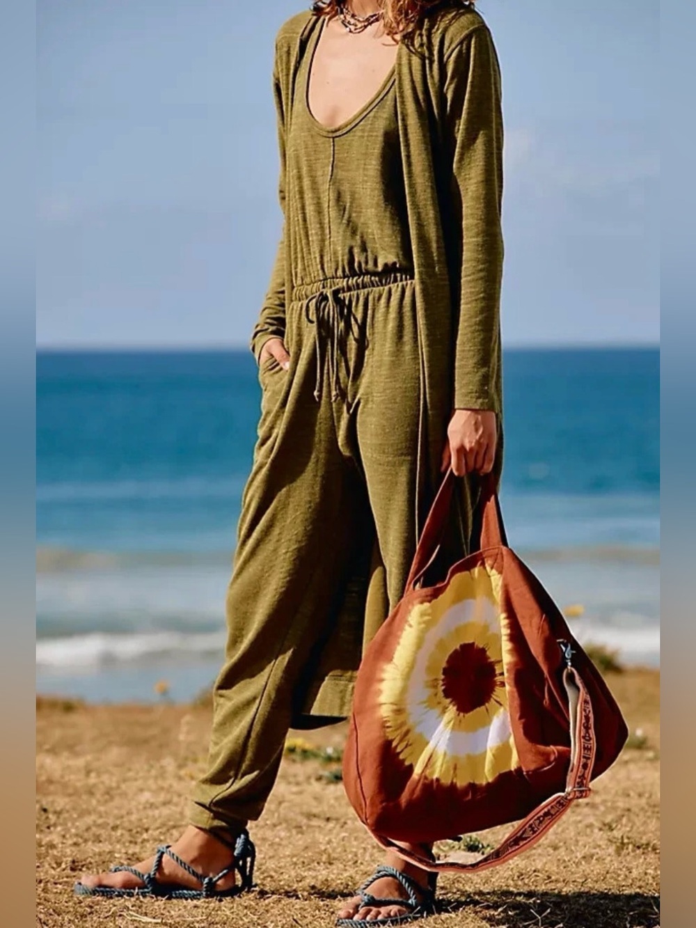 Free People FP Beach Bicoastal Jumpsuit Romper Olive Green Boho, Size Small